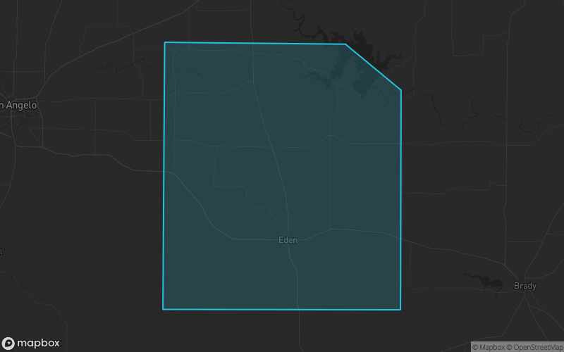Map of Concho County, Texas showing the county boundary and surrounding cities