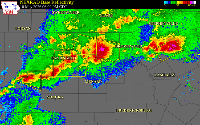 NEXRAD radar during the Sunday, May 10, 2026 storm activity in Concho County, Texas