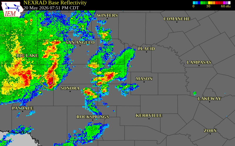 NEXRAD radar during the Wednesday, May 20, 2026 storm activity in Concho County, Texas