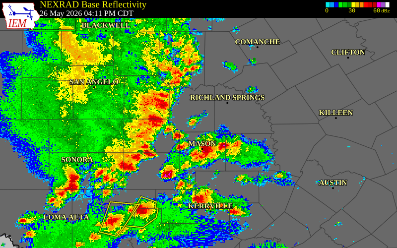 NEXRAD radar during the Tuesday, May 26, 2026 storm activity in Concho County, Texas