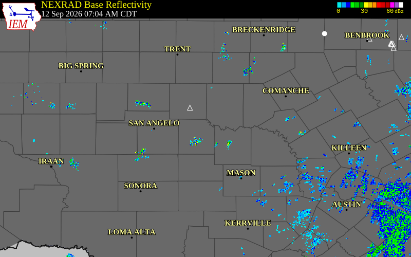 Current NEXRAD radar over Concho County, Texas with recent storm report locations