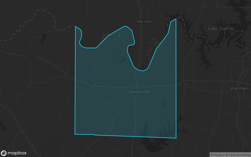 Map of Cooke County, Texas showing the county boundary and surrounding cities