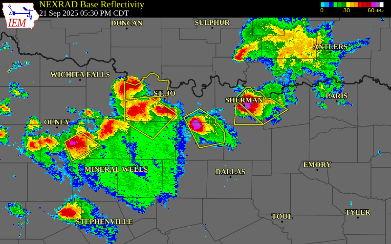 NEXRAD radar during the Sunday, September 21, 2025 storm activity in Cooke County, Texas