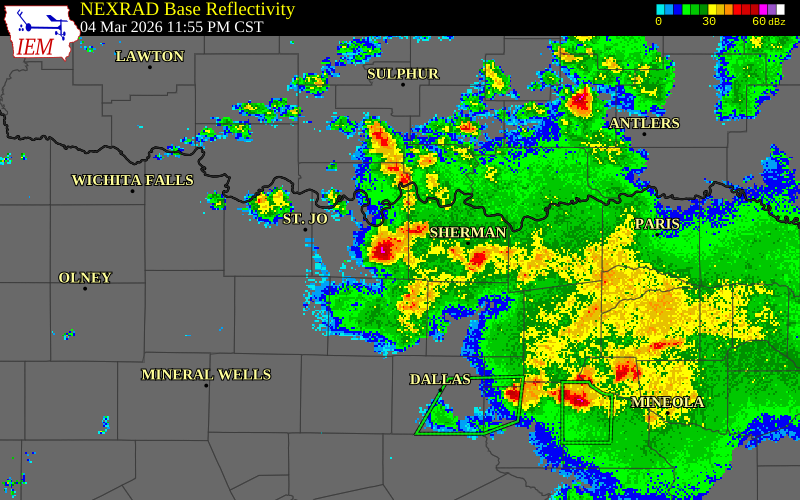 NEXRAD radar during the Wednesday, March 4, 2026 storm activity in Cooke County, Texas