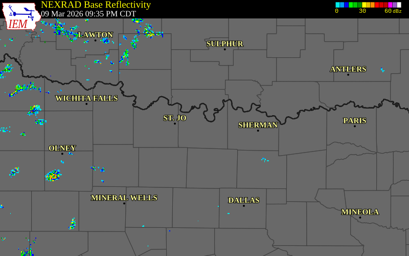 NEXRAD radar during the Monday, March 9, 2026 storm activity in Cooke County, Texas