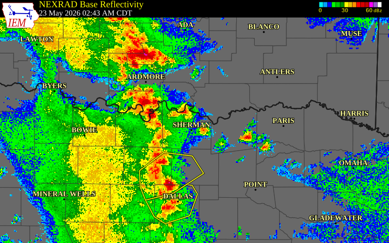 NEXRAD radar during the Saturday, May 23, 2026 storm activity in Cooke County, Texas