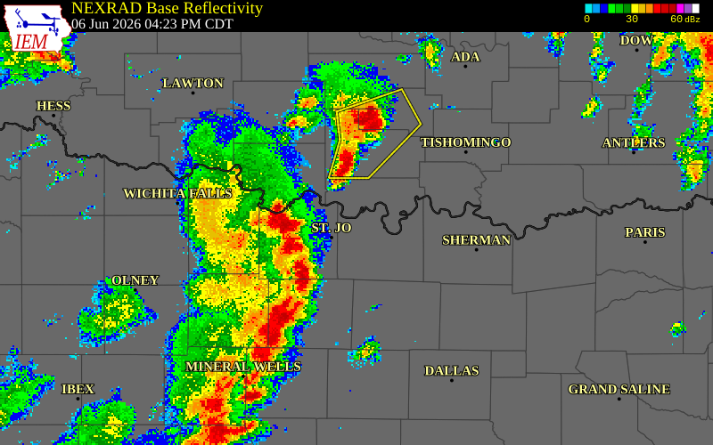 NEXRAD radar during the Saturday, June 6, 2026 storm activity in Cooke County, Texas