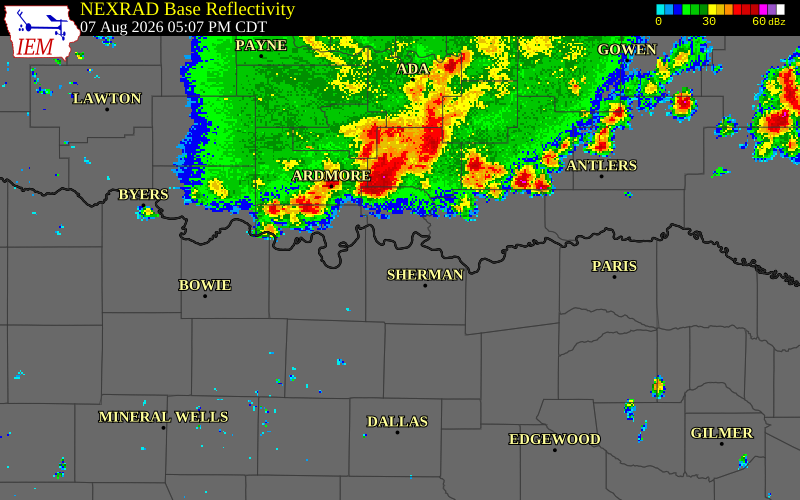 NEXRAD radar during the Friday, August 7, 2026 storm activity in Cooke County, Texas