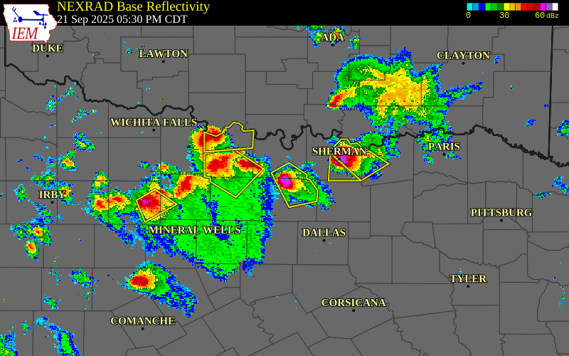 Radar snapshot during the Sep 21, 2025 hail event near 4 S Valley View, Cooke County, Texas, with NWS warning polygons