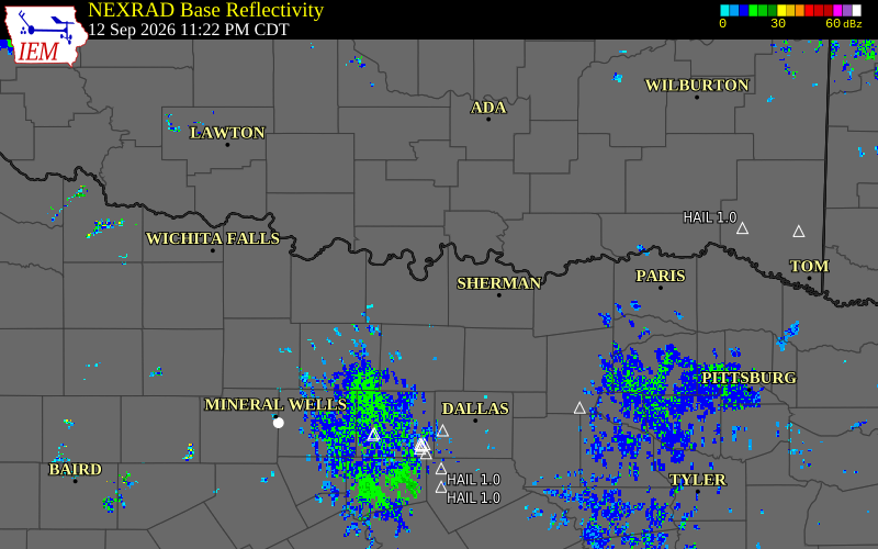 Current NEXRAD radar over Cooke County, Texas with recent storm report locations