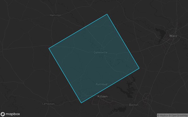 Map of Coryell County, Texas showing the county boundary and surrounding cities