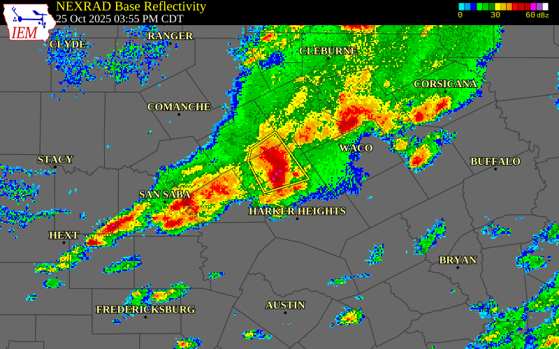NEXRAD radar during the Saturday, October 25, 2025 storm activity in Coryell County, Texas