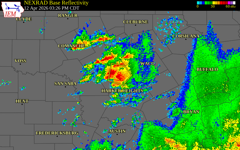 NEXRAD radar during the Sunday, April 12, 2026 storm activity in Coryell County, Texas