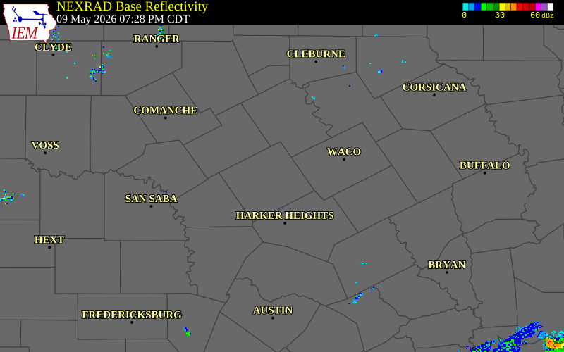NEXRAD radar during the Saturday, May 9, 2026 storm activity in Coryell County, Texas