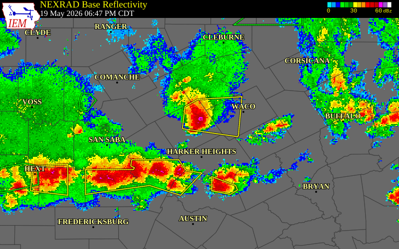 NEXRAD radar during the Tuesday, May 19, 2026 storm activity in Coryell County, Texas