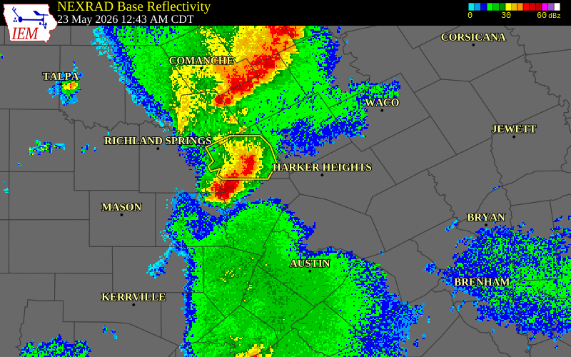 NEXRAD radar during the Saturday, May 23, 2026 storm activity in Coryell County, Texas