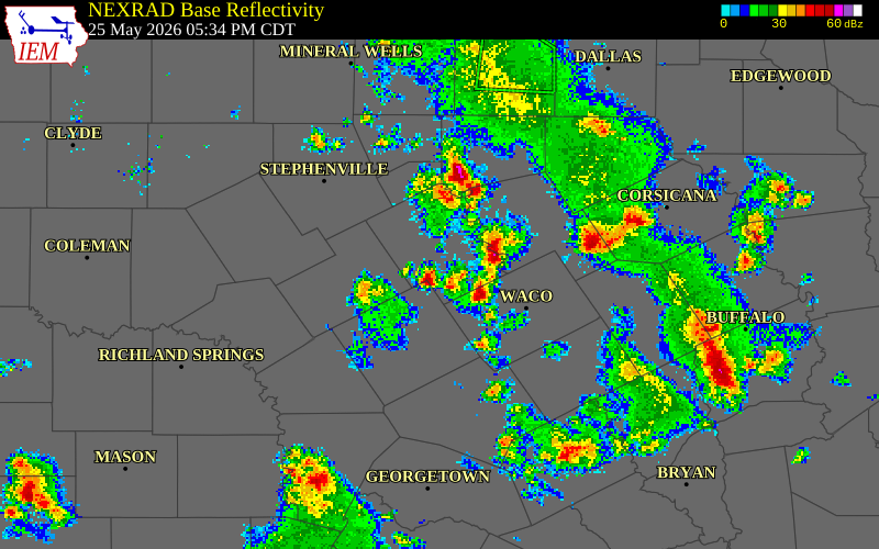 NEXRAD radar during the Monday, May 25, 2026 storm activity in Coryell County, Texas