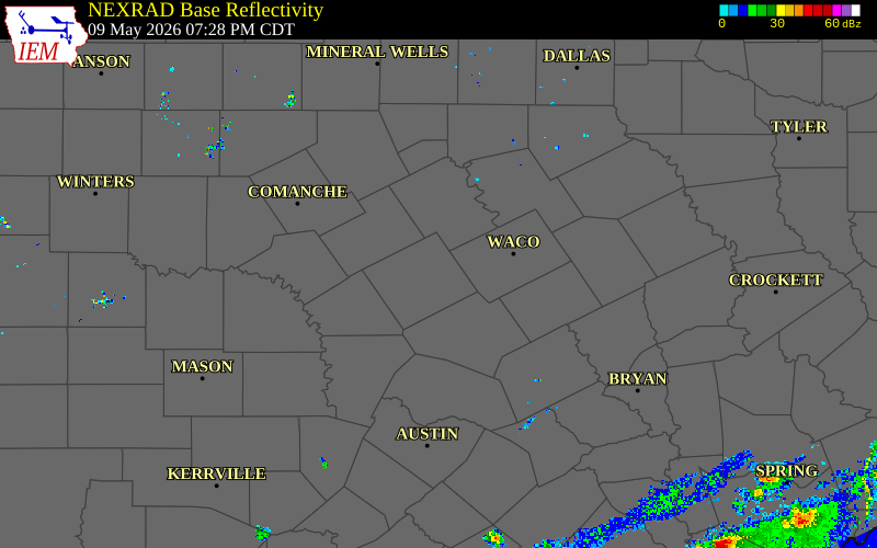 Radar snapshot during the May 9, 2026 hail event near South Mountain, Coryell County, Texas, with NWS warning polygons