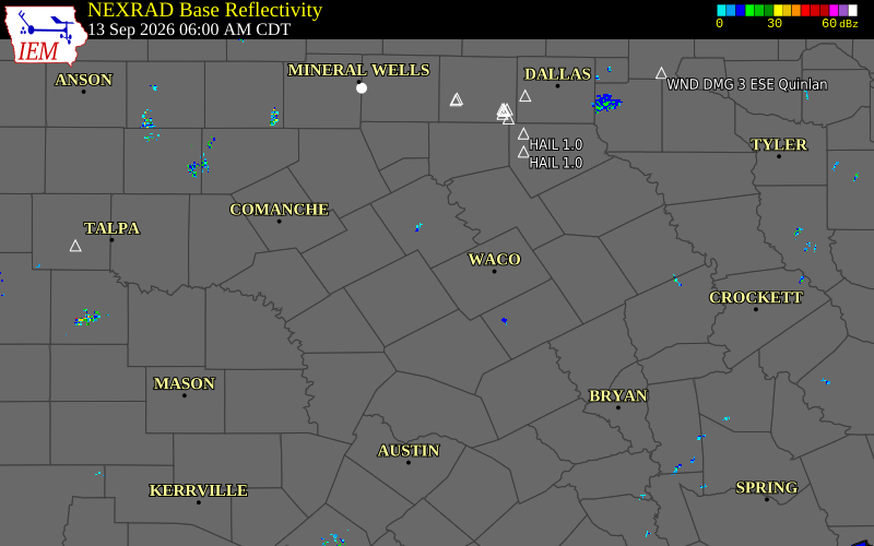Current NEXRAD radar over Coryell County, Texas with recent storm report locations