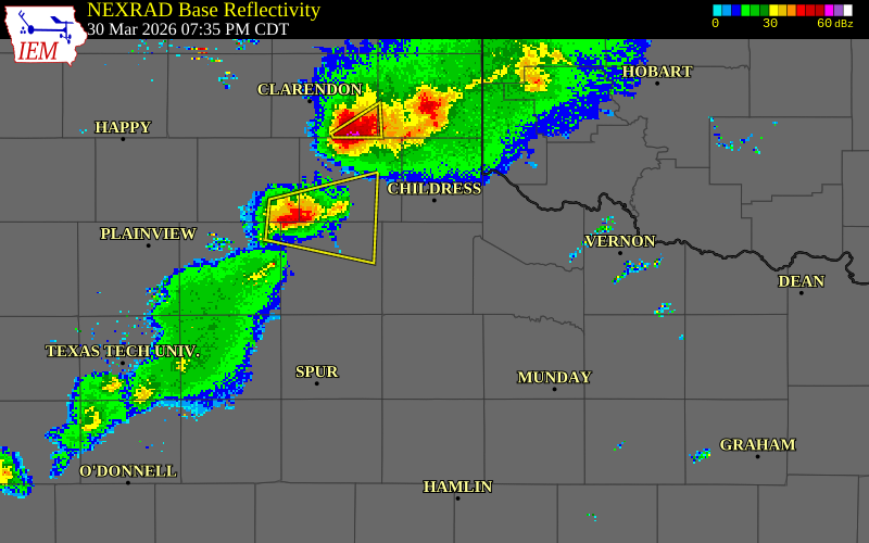 NEXRAD radar during the Monday, March 30, 2026 storm activity in Cottle County, Texas