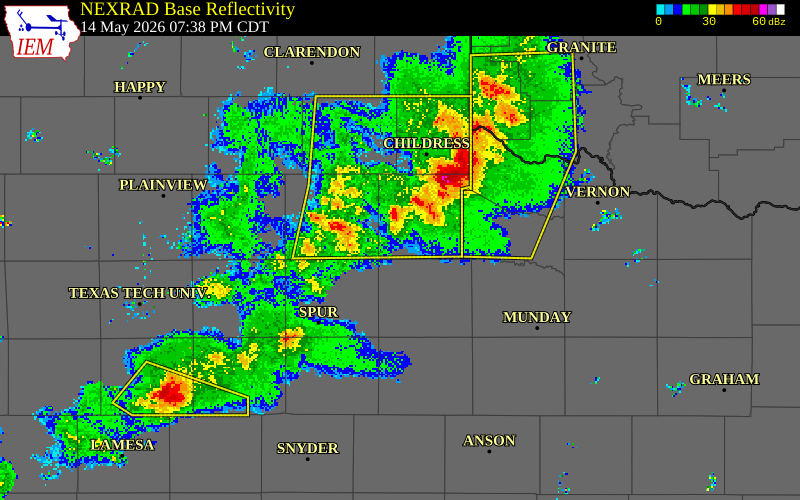 NEXRAD radar during the Thursday, May 14, 2026 storm activity in Cottle County, Texas
