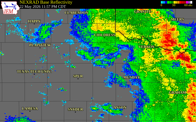 NEXRAD radar during the Friday, May 22, 2026 storm activity in Cottle County, Texas