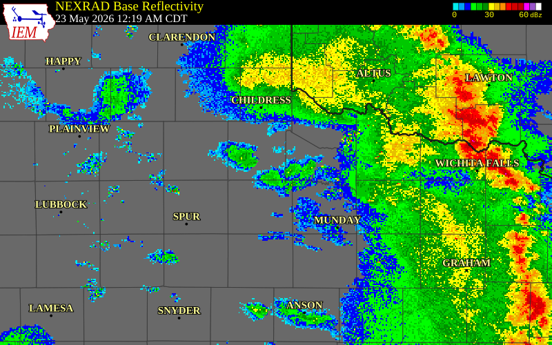 NEXRAD radar during the Saturday, May 23, 2026 storm activity in Cottle County, Texas