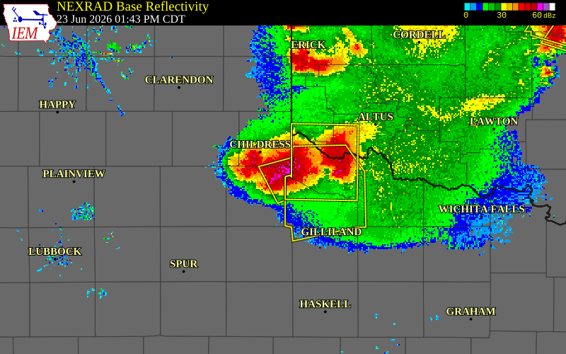 NEXRAD radar during the Tuesday, June 23, 2026 storm activity in Cottle County, Texas