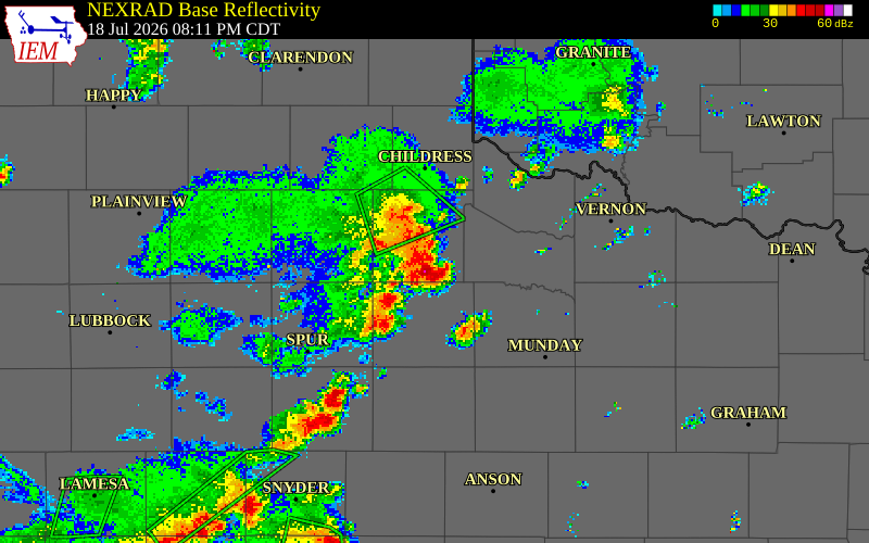 NEXRAD radar during the Saturday, July 18, 2026 storm activity in Cottle County, Texas