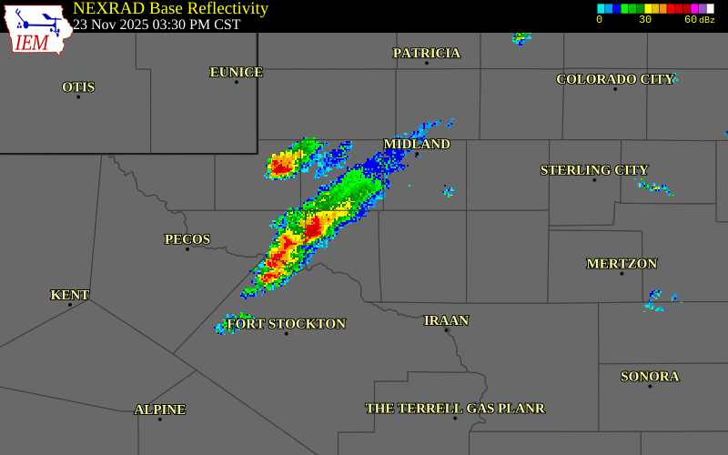NEXRAD radar during the Sunday, November 23, 2025 storm activity in Crane County, Texas