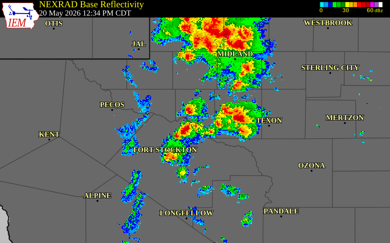 NEXRAD radar during the Wednesday, May 20, 2026 storm activity in Crane County, Texas