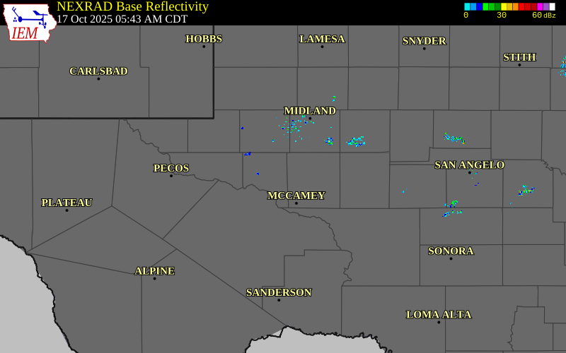 Radar snapshot during the Oct 17, 2025 wind event near 1 NNW Crane, Crane County, Texas, with NWS warning polygons