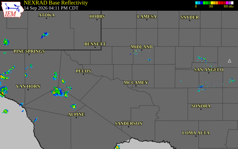 Current NEXRAD radar over Crane County, Texas with recent storm report locations