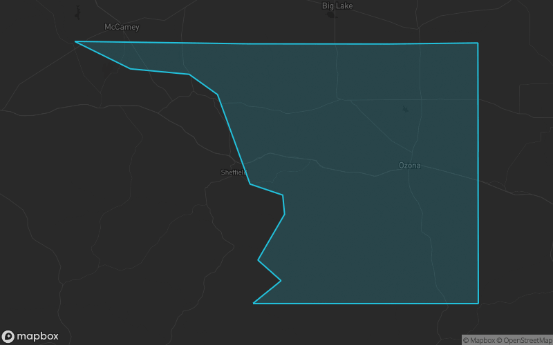 Map of Crockett County, Texas showing the county boundary and surrounding cities