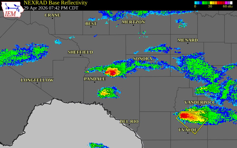 NEXRAD radar during the Wednesday, April 29, 2026 storm activity in Crockett County, Texas