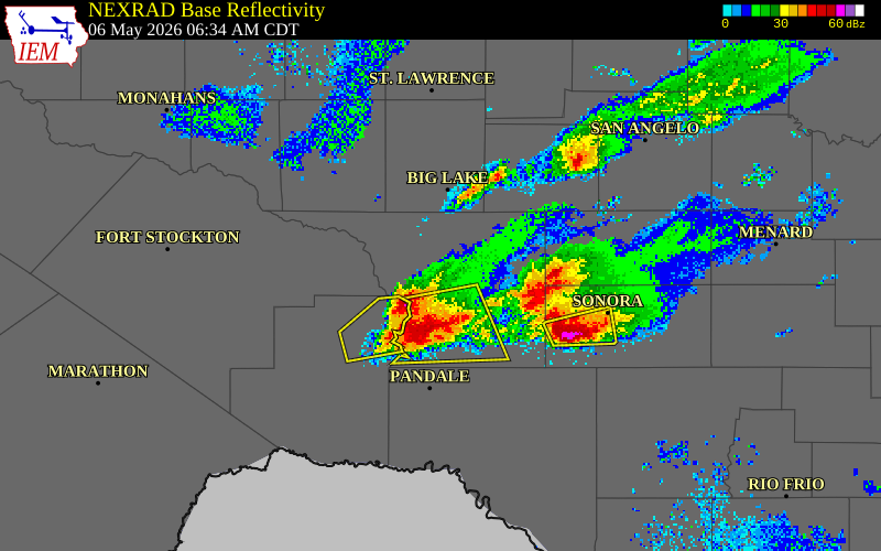 NEXRAD radar during the Wednesday, May 6, 2026 storm activity in Crockett County, Texas