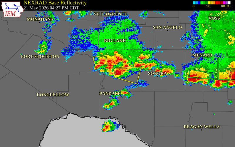 NEXRAD radar during the Thursday, May 21, 2026 storm activity in Crockett County, Texas