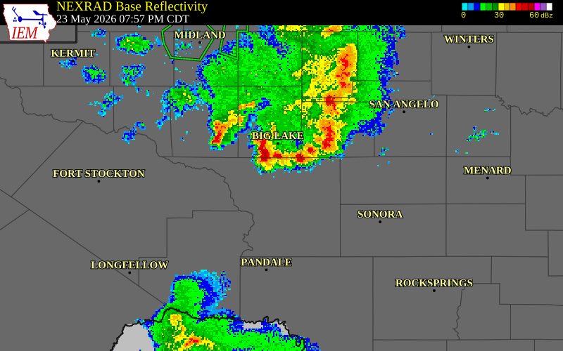 NEXRAD radar during the Saturday, May 23, 2026 storm activity in Crockett County, Texas