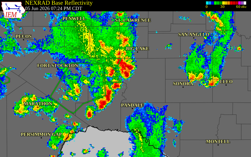 NEXRAD radar during the Friday, June 5, 2026 storm activity in Crockett County, Texas