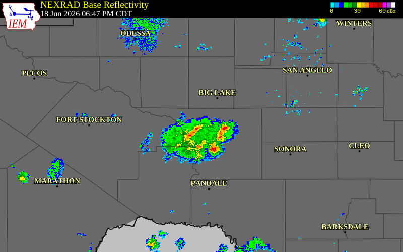 NEXRAD radar during the Thursday, June 18, 2026 storm activity in Crockett County, Texas