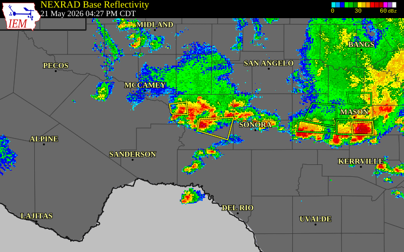 Radar snapshot during the May 21, 2026 hail event near 14 WSW Ozona, Crockett County, Texas, with NWS warning polygons