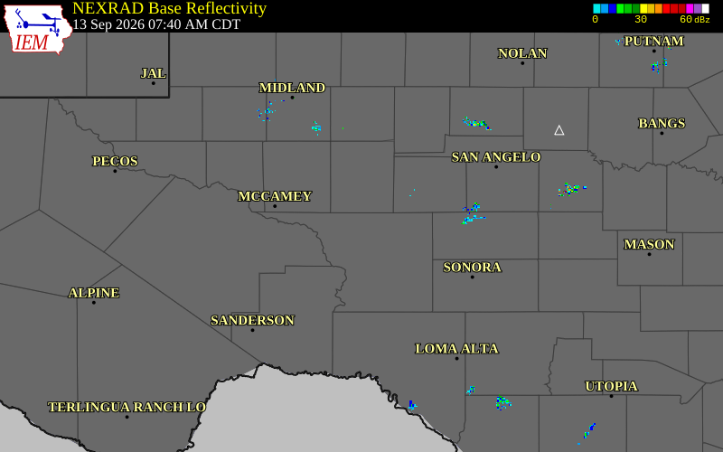Current NEXRAD radar over Crockett County, Texas with recent storm report locations