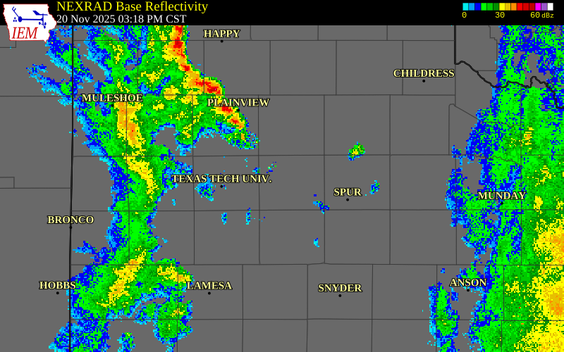 NEXRAD radar during the Thursday, November 20, 2025 storm activity in Crosby County, Texas