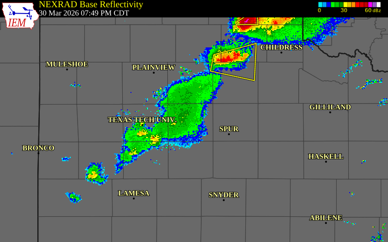 NEXRAD radar during the Monday, March 30, 2026 storm activity in Crosby County, Texas