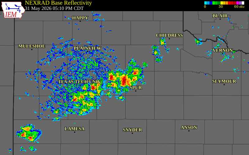 NEXRAD radar during the Sunday, May 31, 2026 storm activity in Crosby County, Texas