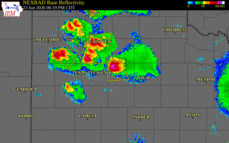 NEXRAD radar during the Tuesday, June 23, 2026 storm activity in Crosby County, Texas