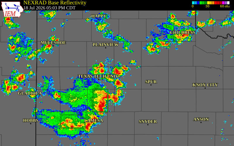 NEXRAD radar during the Saturday, July 18, 2026 storm activity in Crosby County, Texas