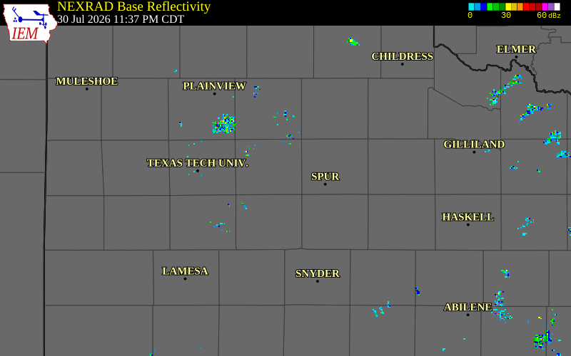 NEXRAD radar during the Thursday, July 30, 2026 storm activity in Crosby County, Texas