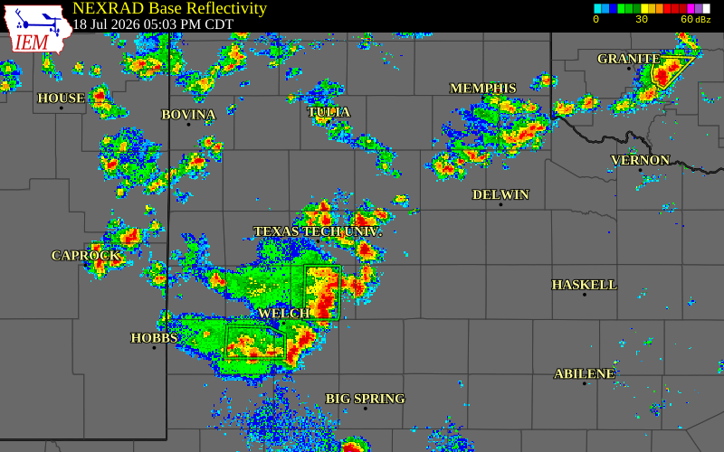 Radar snapshot during the Jul 18, 2026 tornado event near 3 NNE Lorenzo, Crosby County, Texas, with NWS warning polygons
