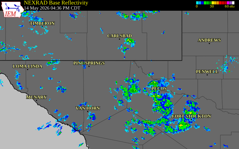 NEXRAD radar during the Thursday, May 14, 2026 storm activity in Culberson County, Texas